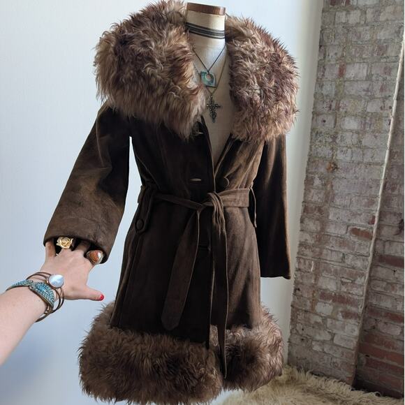 Vintage Brown Suede Fur Trim Penny Lane Jacket Genuine Leather Trench Coat Small - Picture 6 of 11